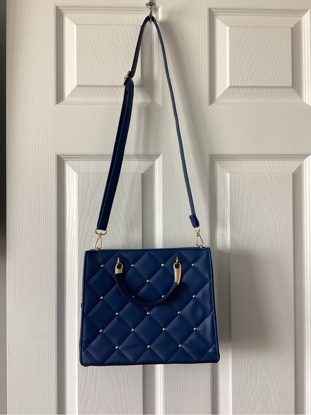 Quilted Navy Crossbody Tote Bag with Gold Accents - Women's Bag